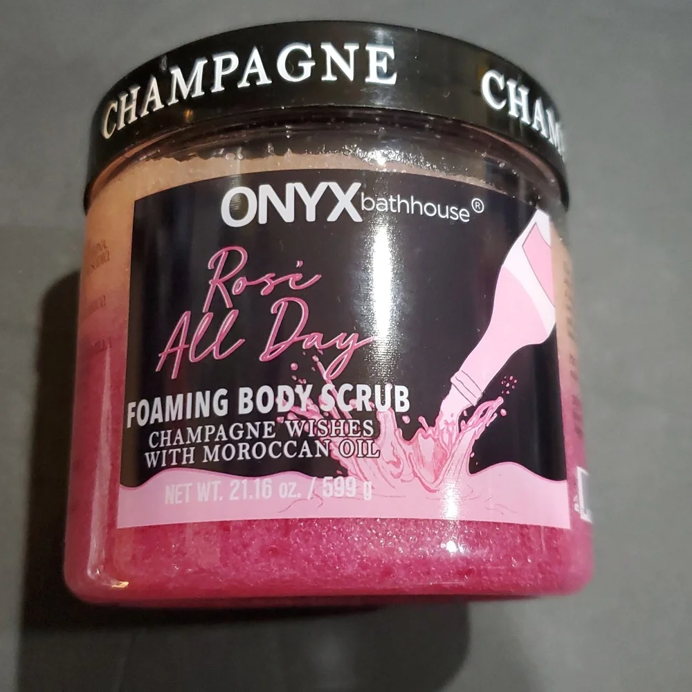 Rose all day Champagne wishes with Moroccan oil infused foaming‎ body scrub new